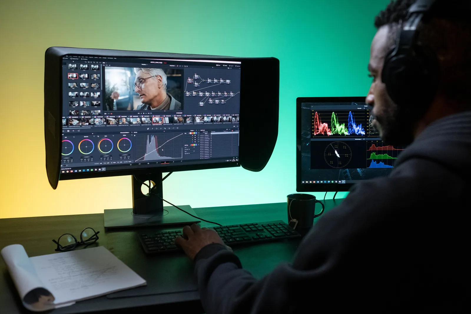 Man editing footage on dual monitors in a modern studio setting