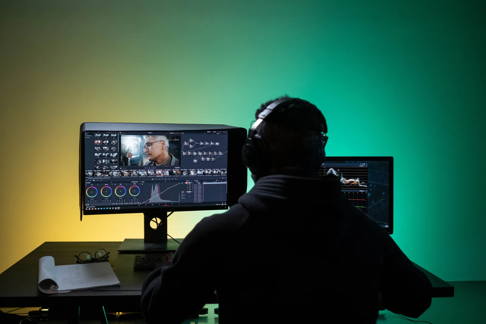 A video editor works on dual monitors with headphones, focusing on color correction
