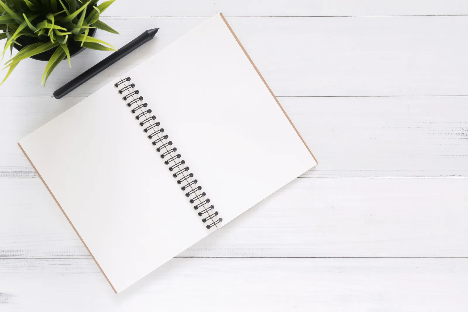 Open spiral notebook on white desk with black pen and green plant. Ideal for planning