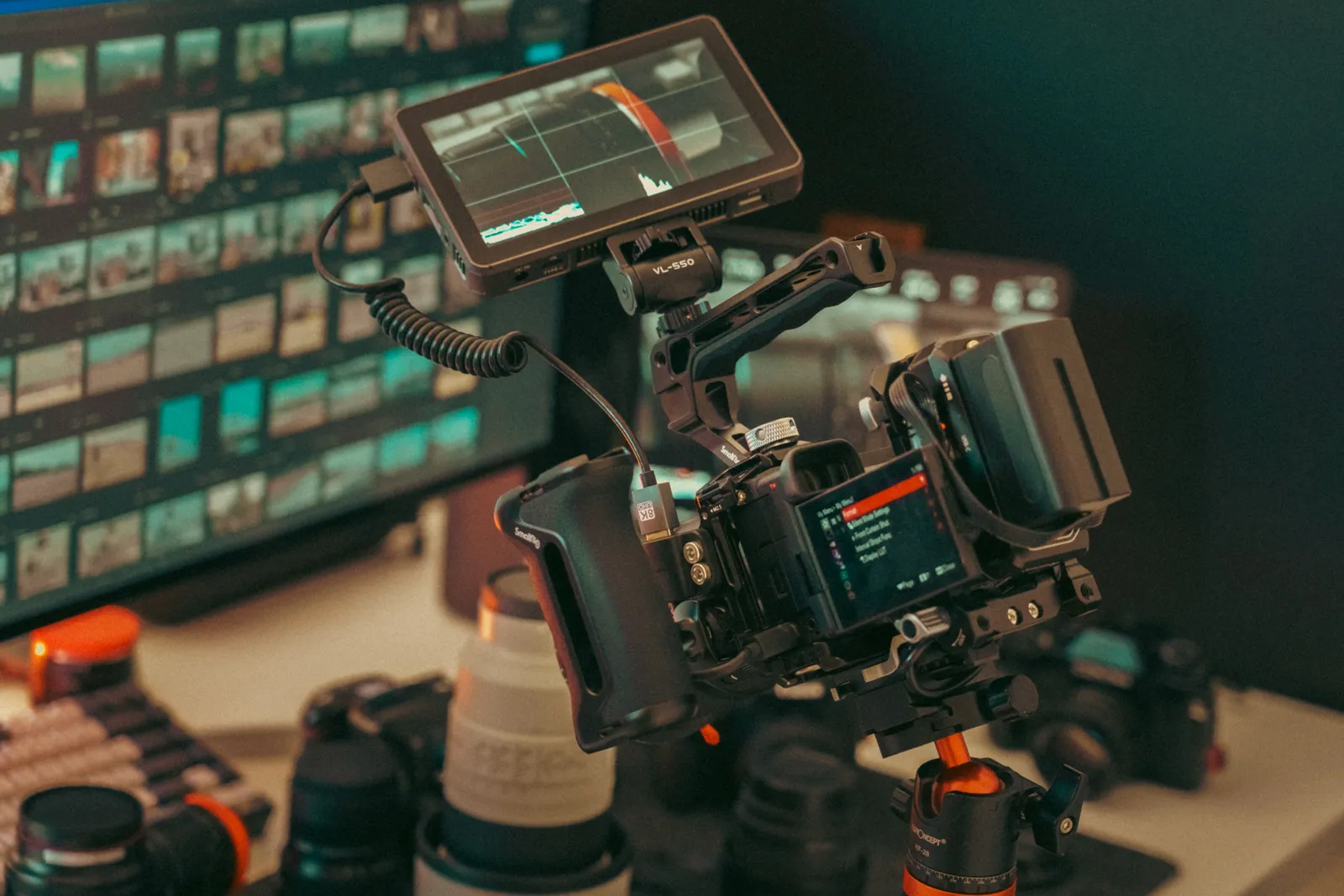 A professional video setup featuring a camera, monitor, and various gear, ready for studio filming
