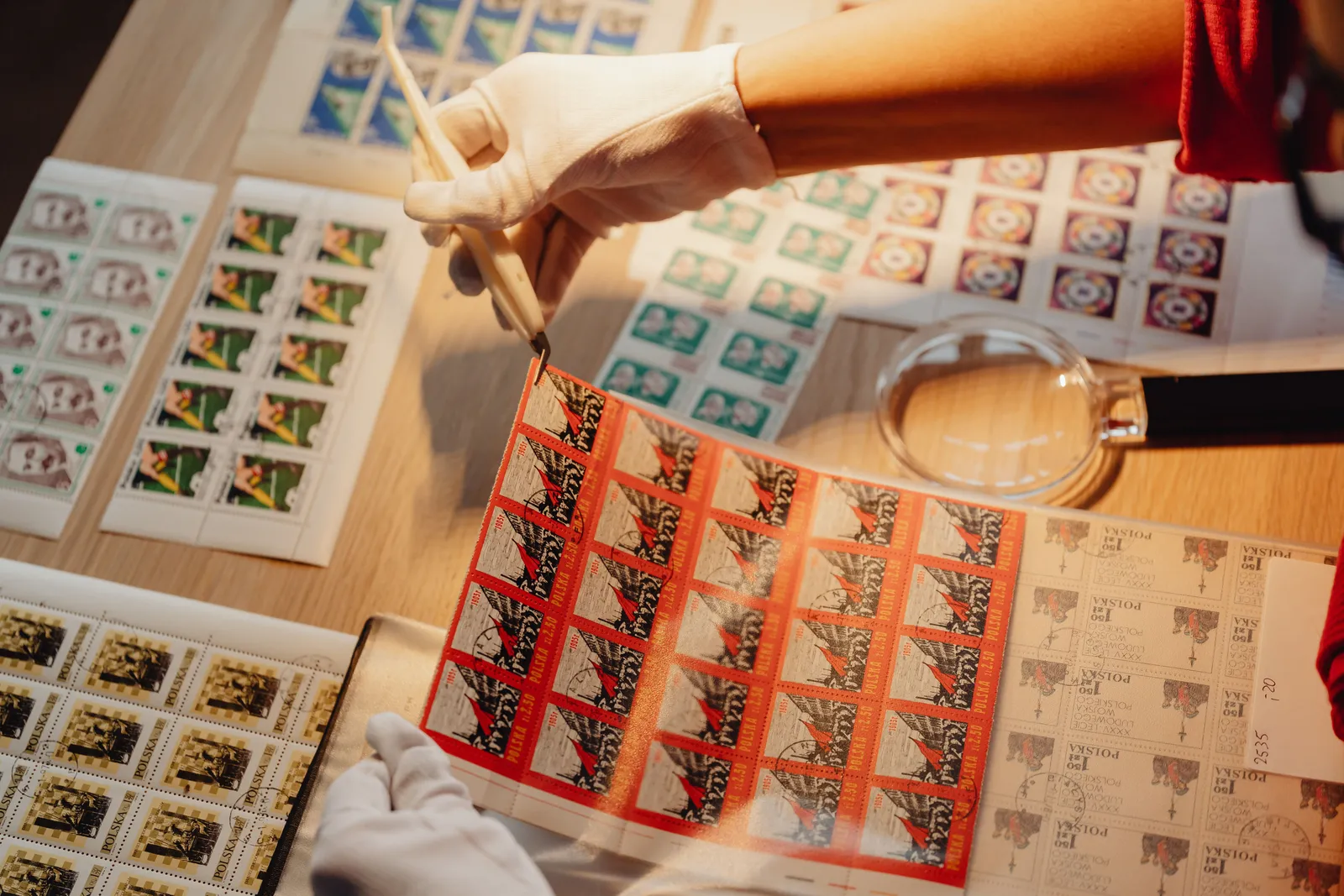 A close-up of gloved hands using tweezers to handle vintage postage stamps on a wooden work desk
