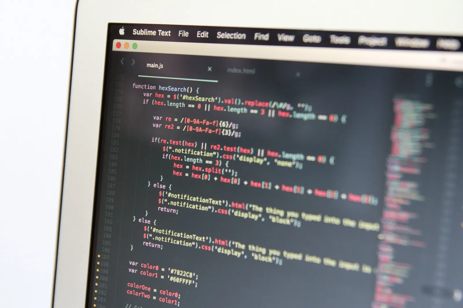 Close-up image showing JavaScript code on a computer screen, reflecting modern programming work