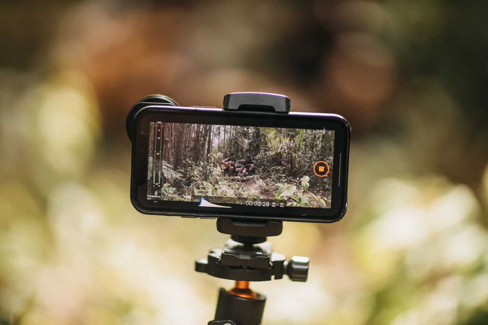 Smartphone mounted on tripod capturing nature. Ideal for vlogging and travel videos