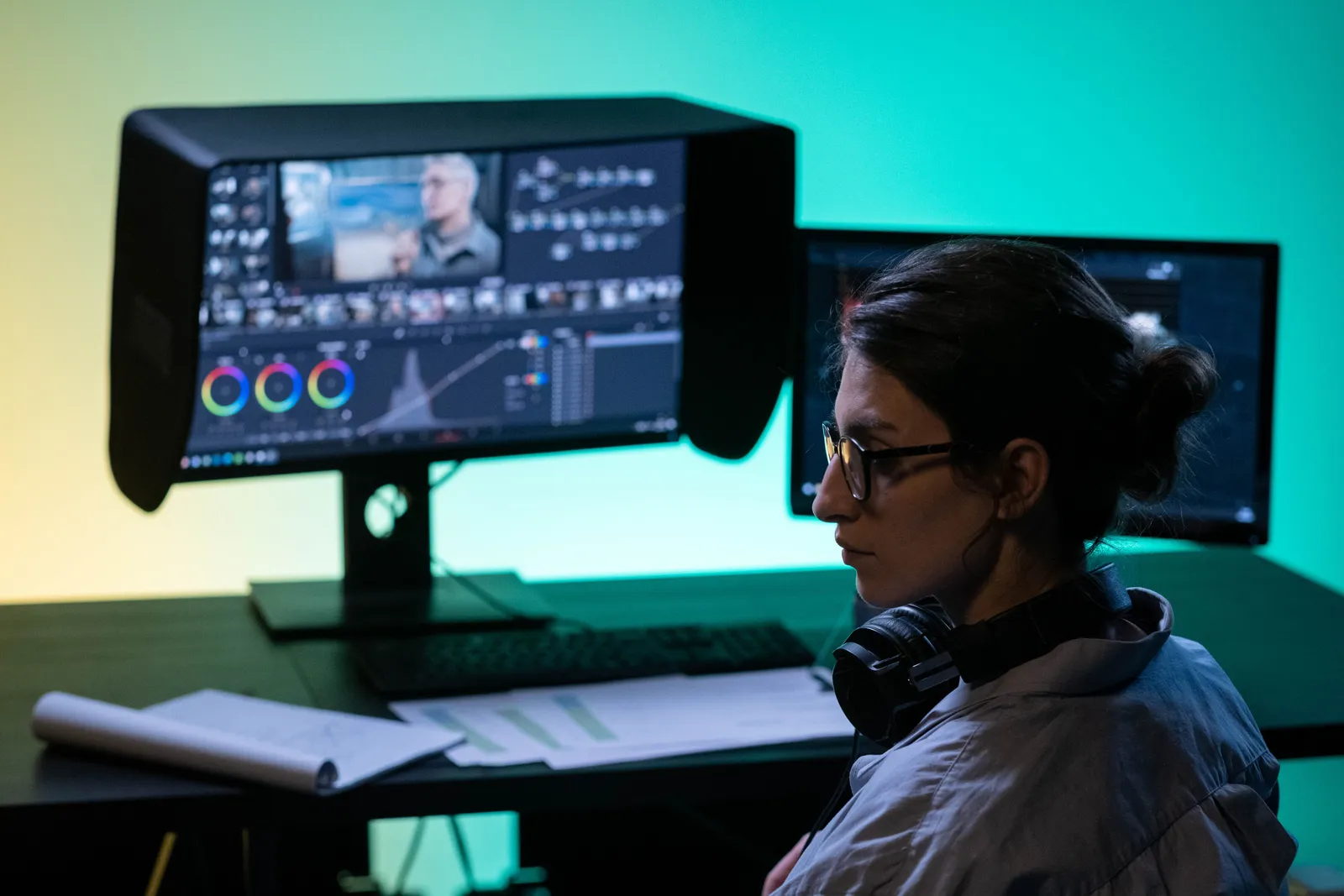 Focused video editor working at a dual-screen setup with colorful lighting ambiance