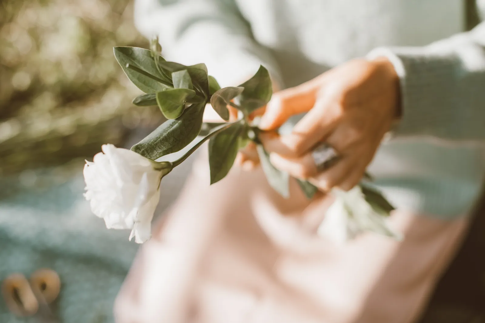 A close-up of hands holding a white rose flower outdoors