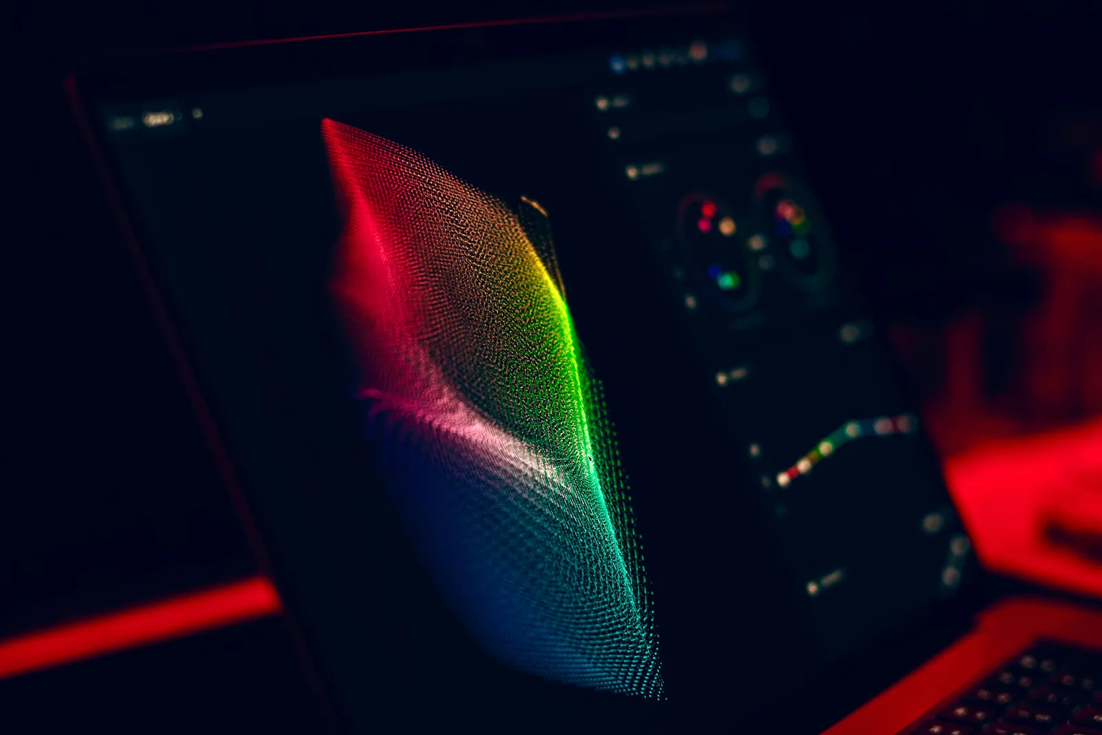 Close-up of vibrant digital art in red, green, and blue displayed on a monitor screen