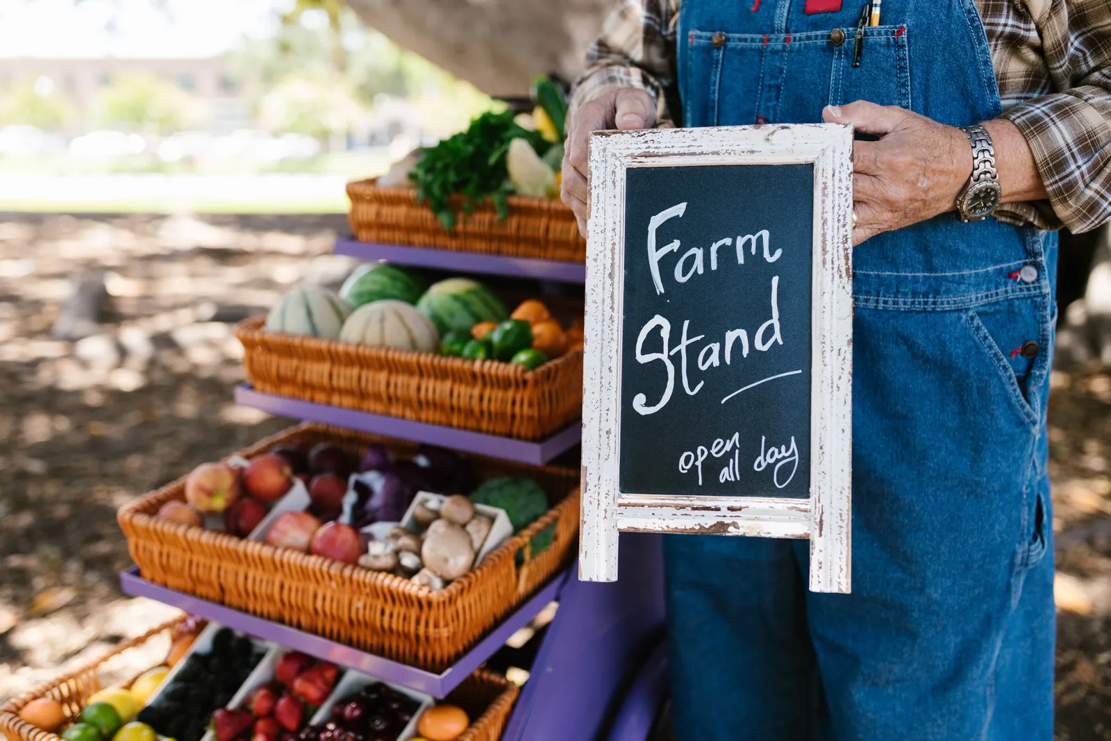 A farm stand showcases fresh fruits and vegetables in baskets, with a welcoming sign and rustic aesthetic