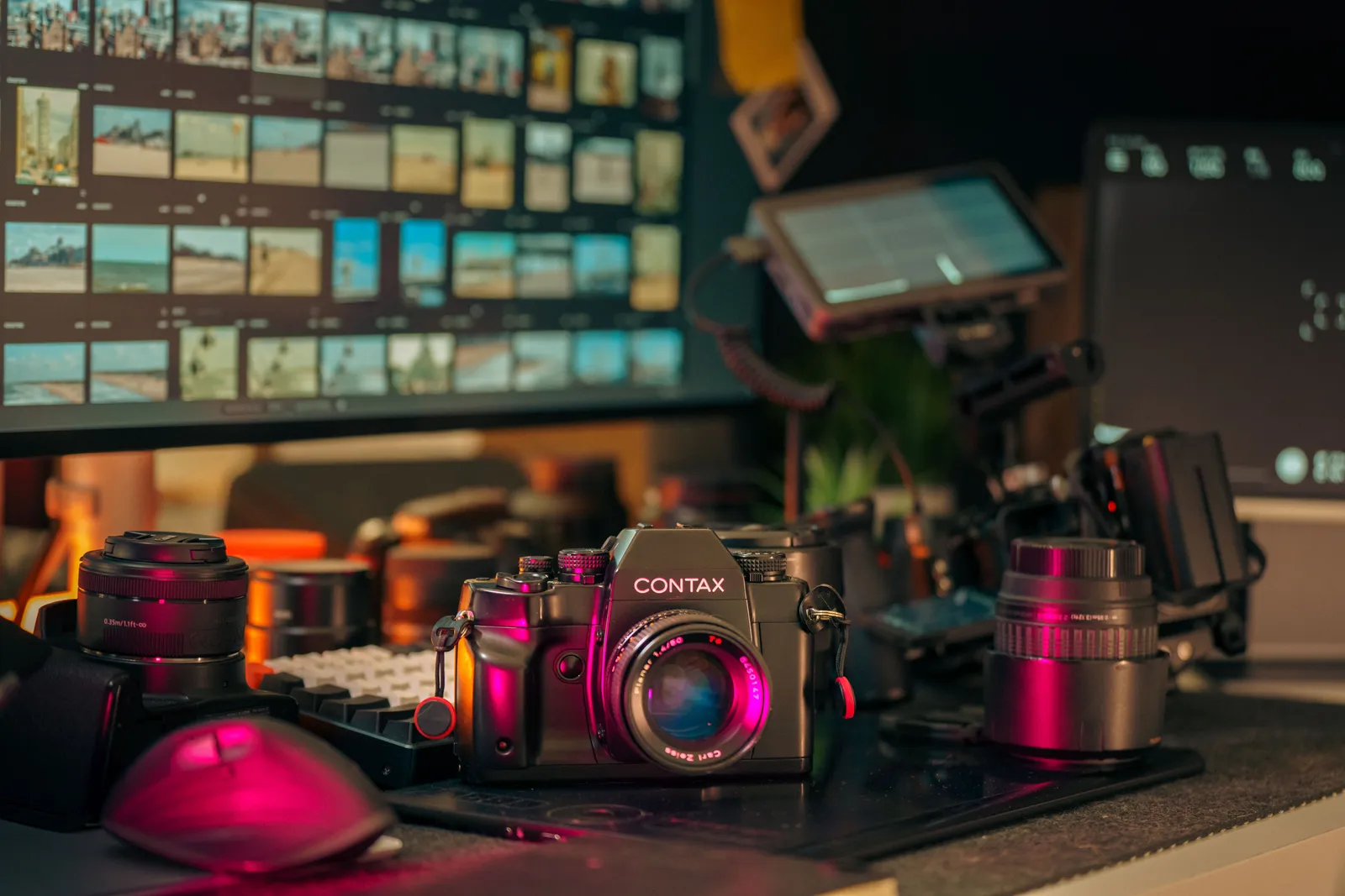 A vintage Contax camera captured in a contemporary photography studio setup with monitors and editing gear