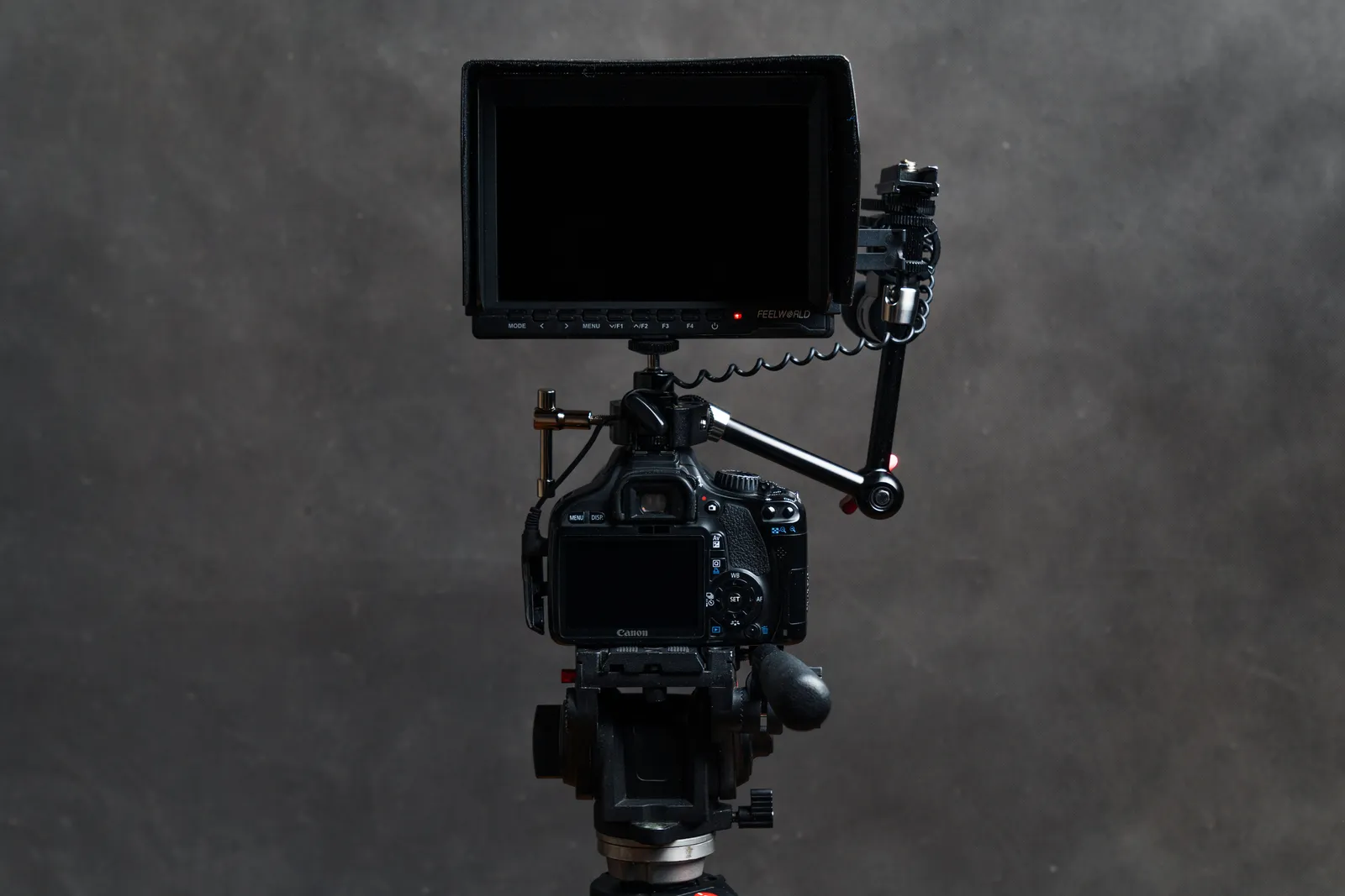 High-quality video camera with attached monitor and tripod, ideal for filming