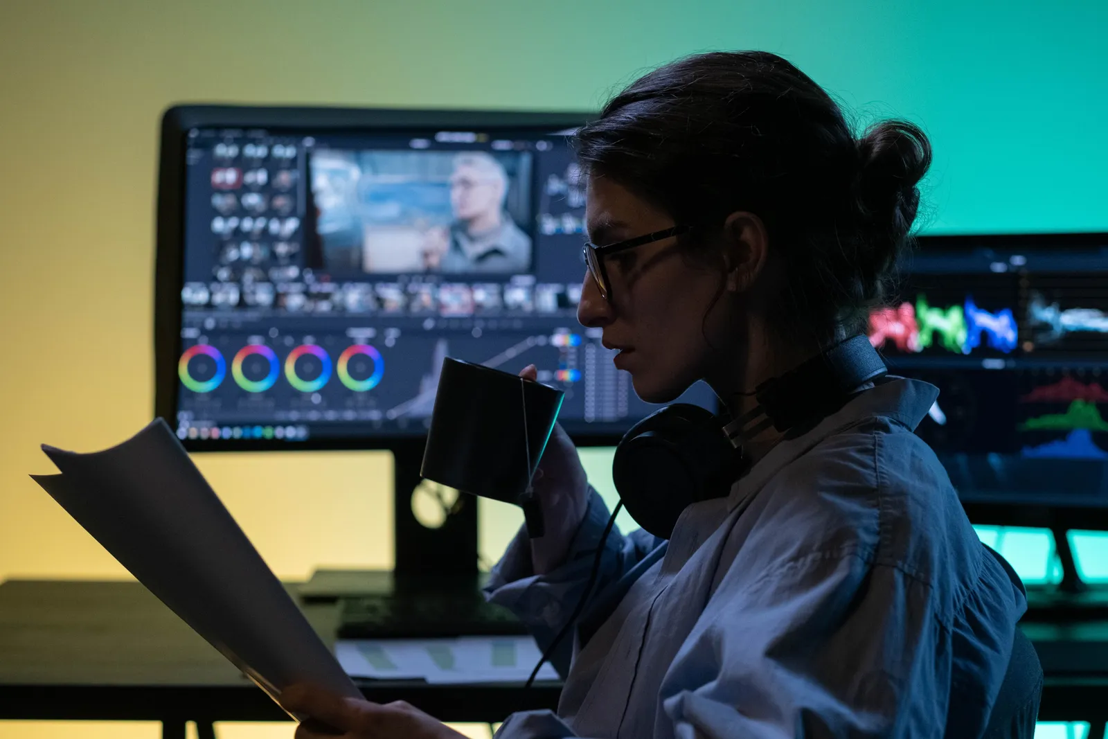 A concentrated editor sipping tea while reviewing papers in a modern editing studio