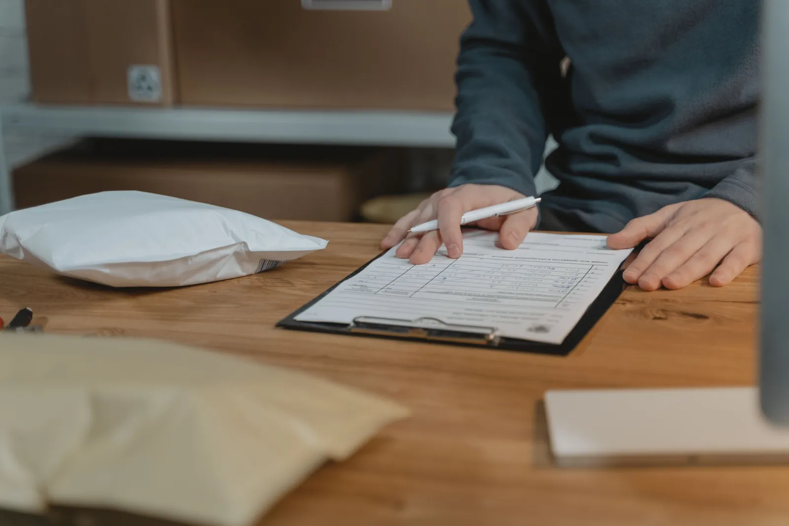 Close-up of a person filling out a form on a clipboard with packages nearby in an office setting
