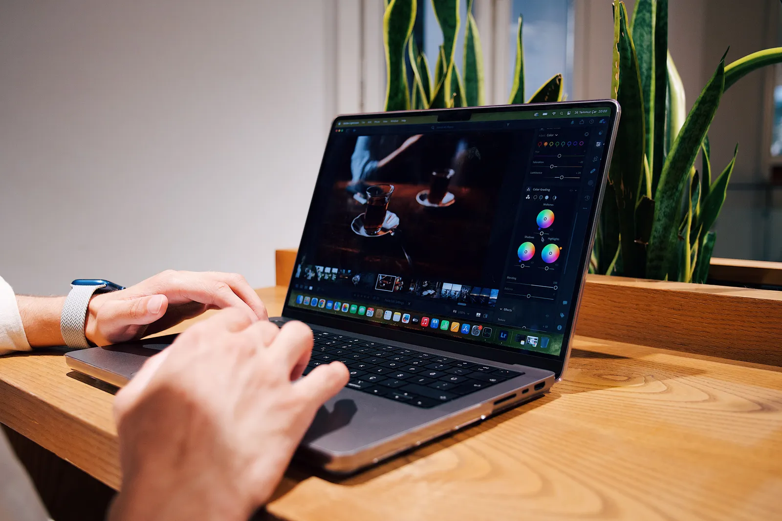 Close-up of hands editing a photo on a laptop in an office setting, surrounded by green plants