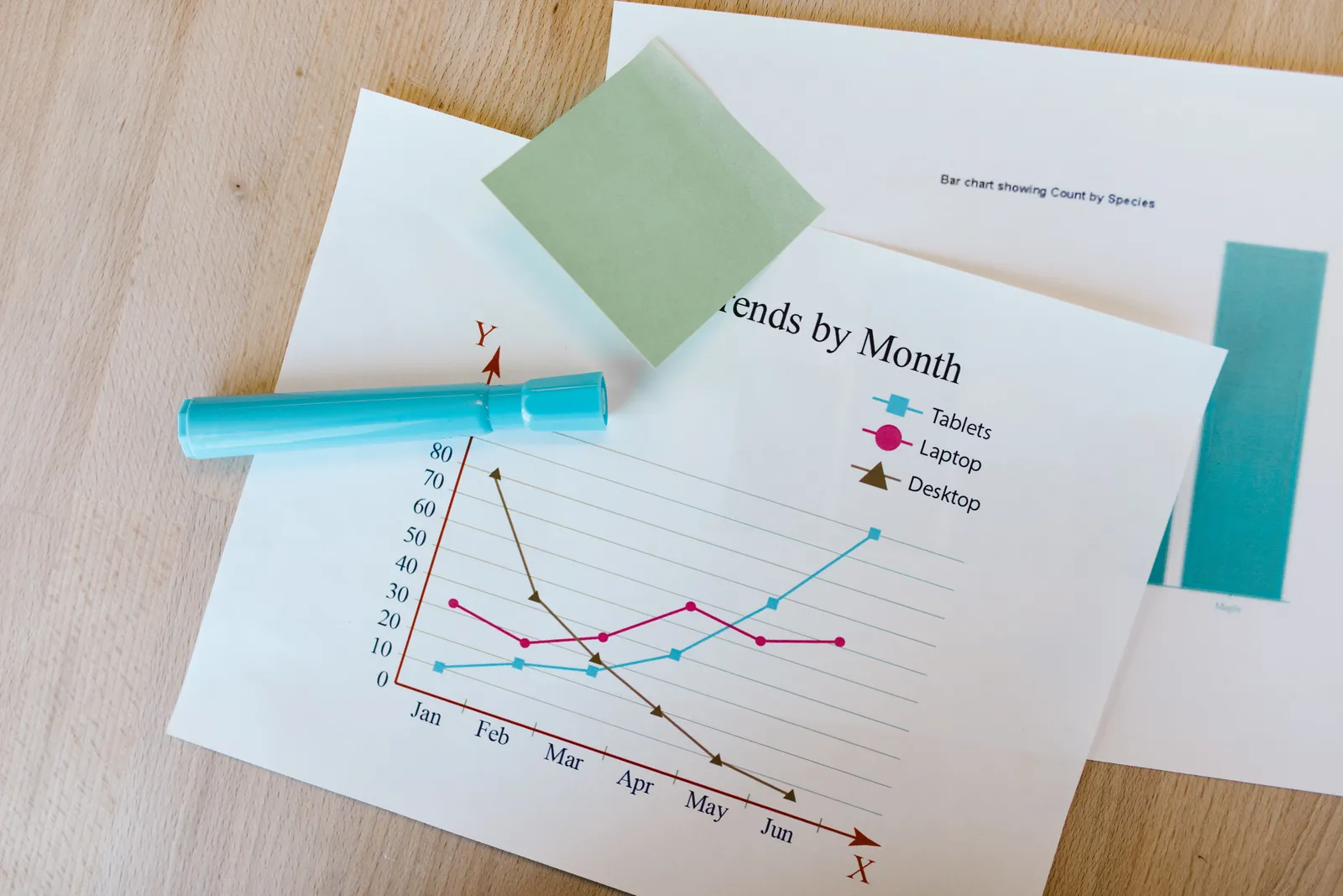 Desk with colorful graphs, sticky notes, and a marker, perfect for data analysis themes