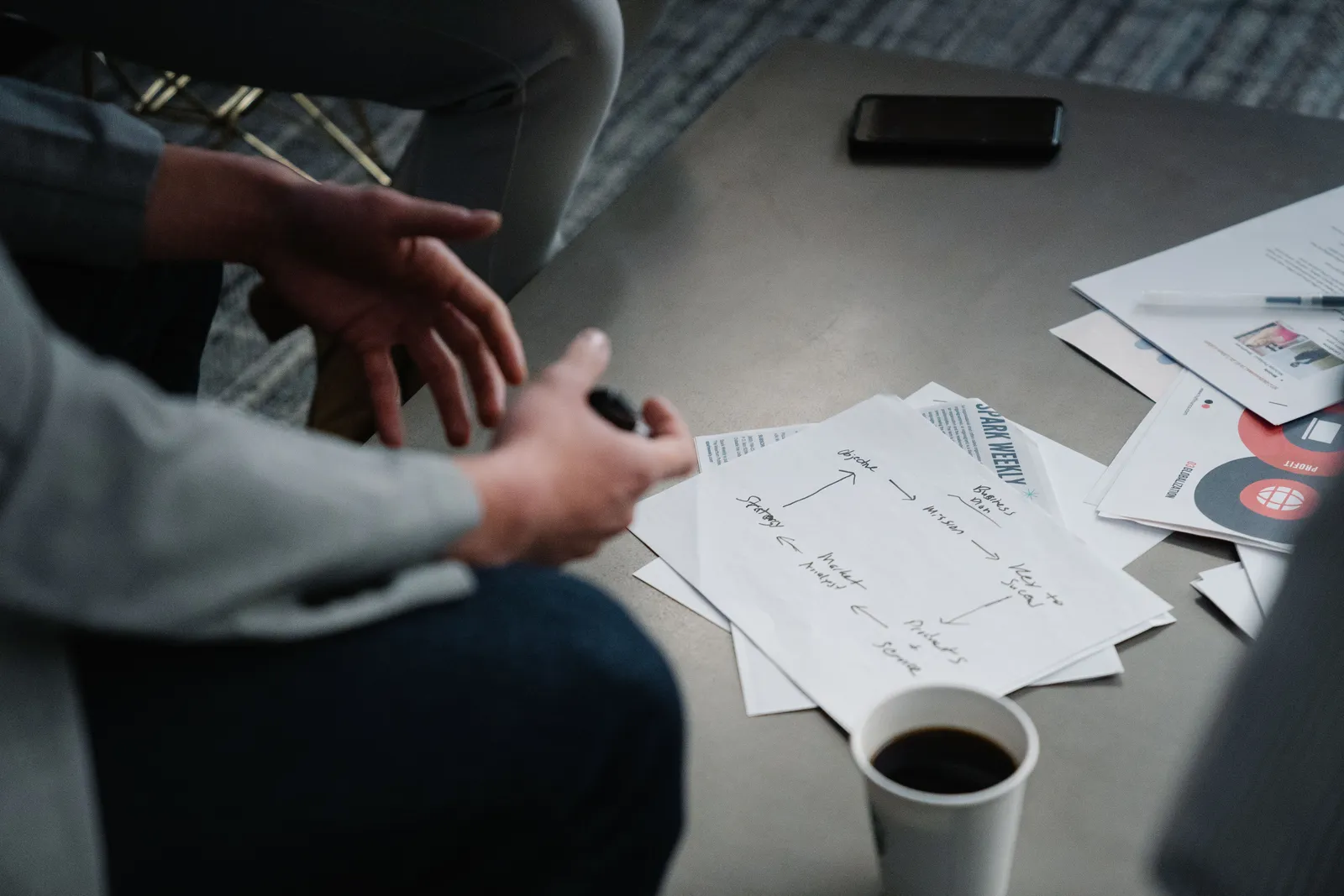 Close-up of a business meeting table with notes, documents, and a coffee cup