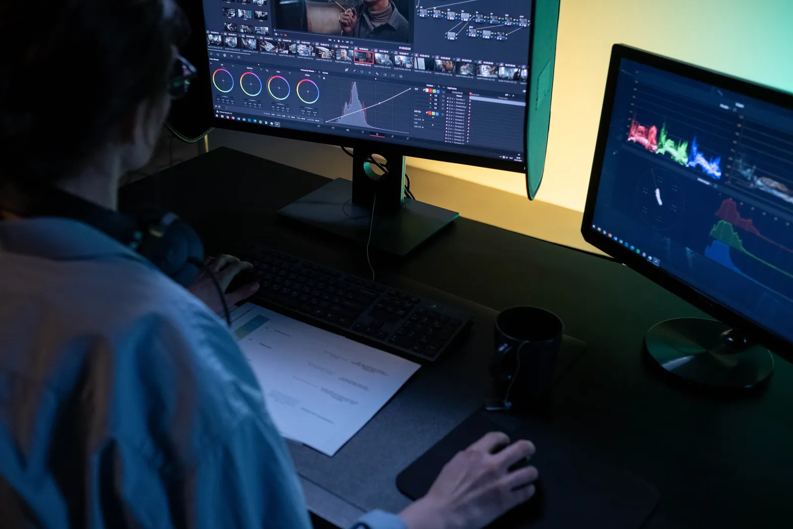 A video editor using dual monitors for editing footage in a dimly lit studio