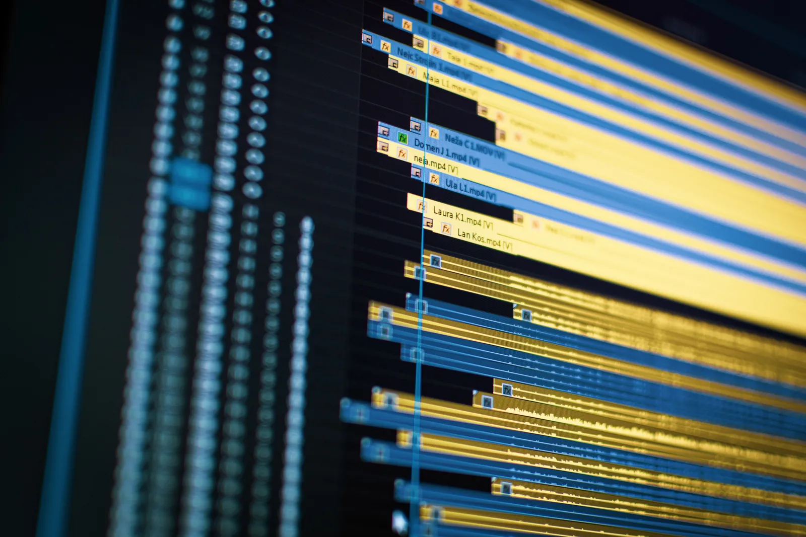 Close-up of a video editing timeline on a computer screen, showcasing modern technology