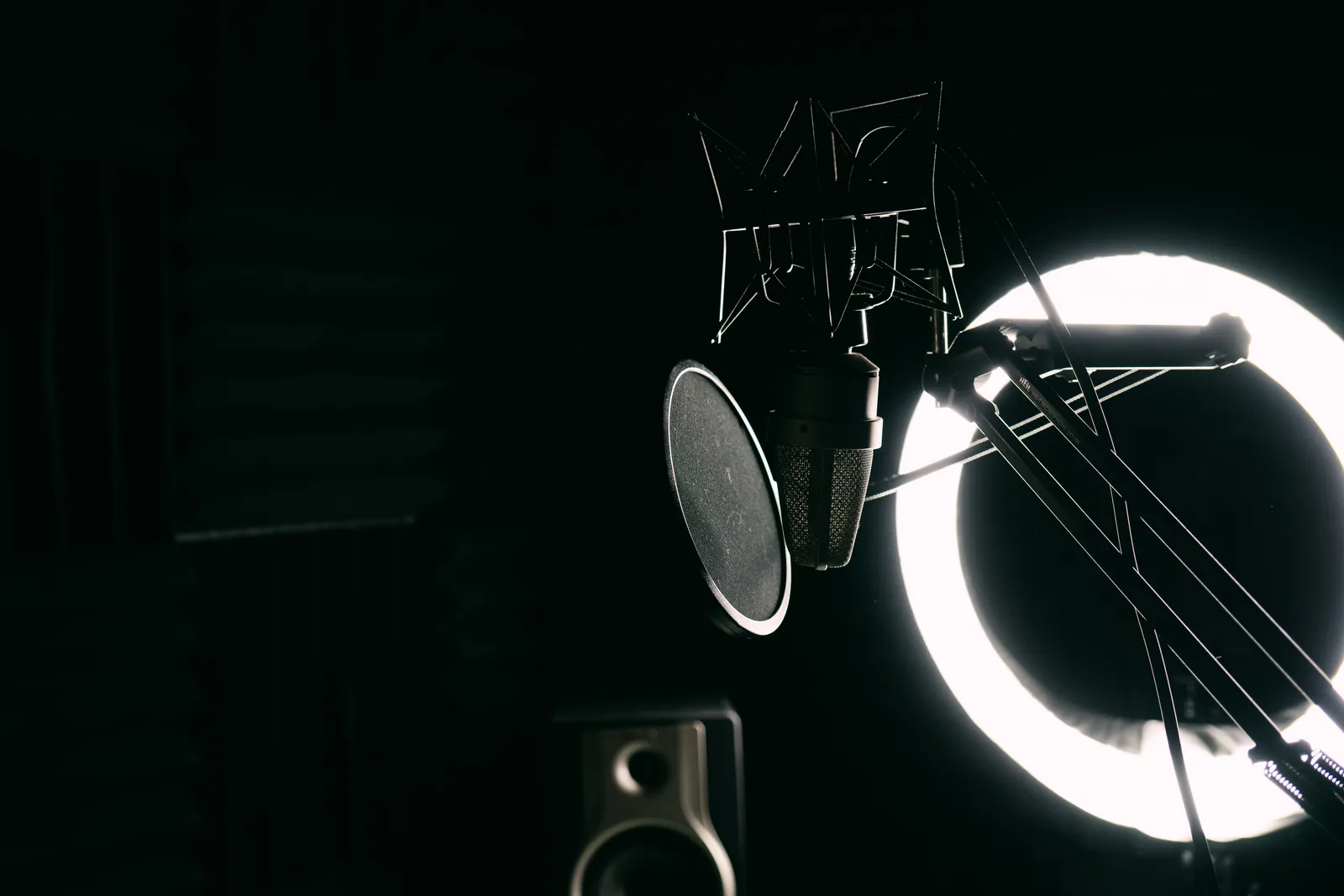 Close-up of a studio microphone with pop filter and ring light, ideal for music recording