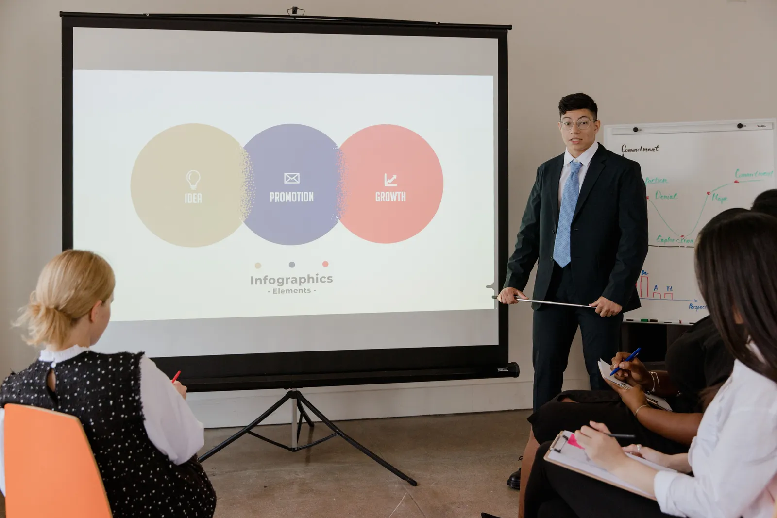 Professional business meeting with a presentation using visual infographics on a projector screen
