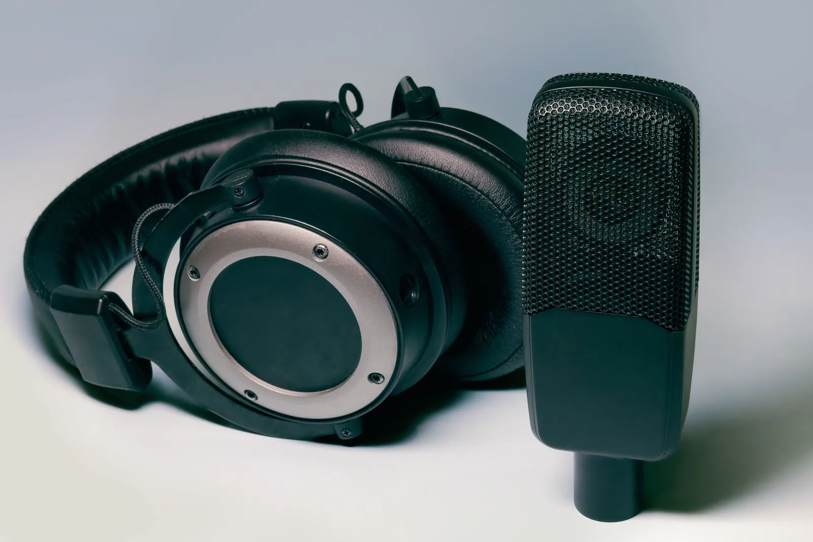 High-quality studio headphones and microphone for professional audio setups