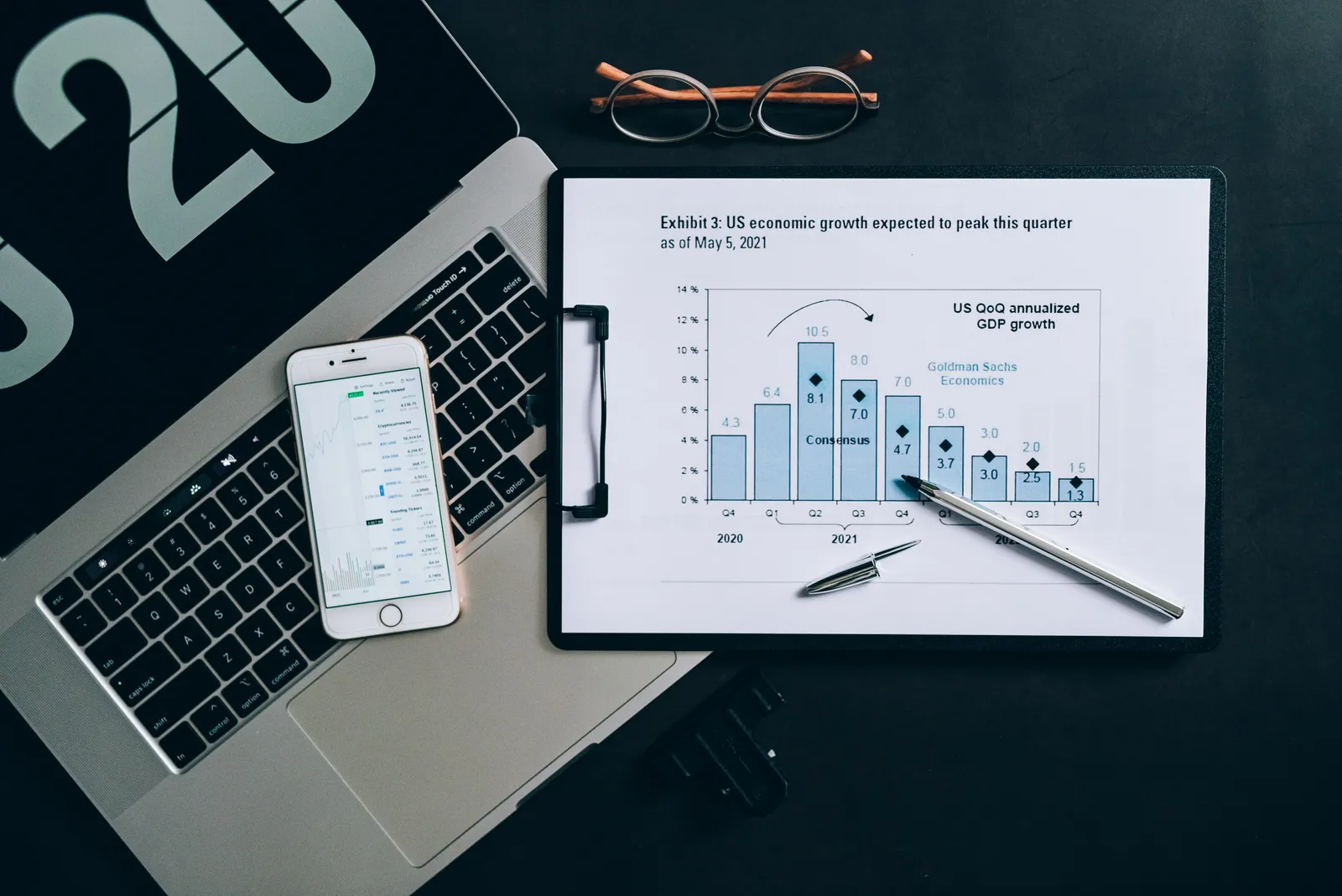 Top view of a financial data analysis setup with laptop, smartphone, and graph on clipboard